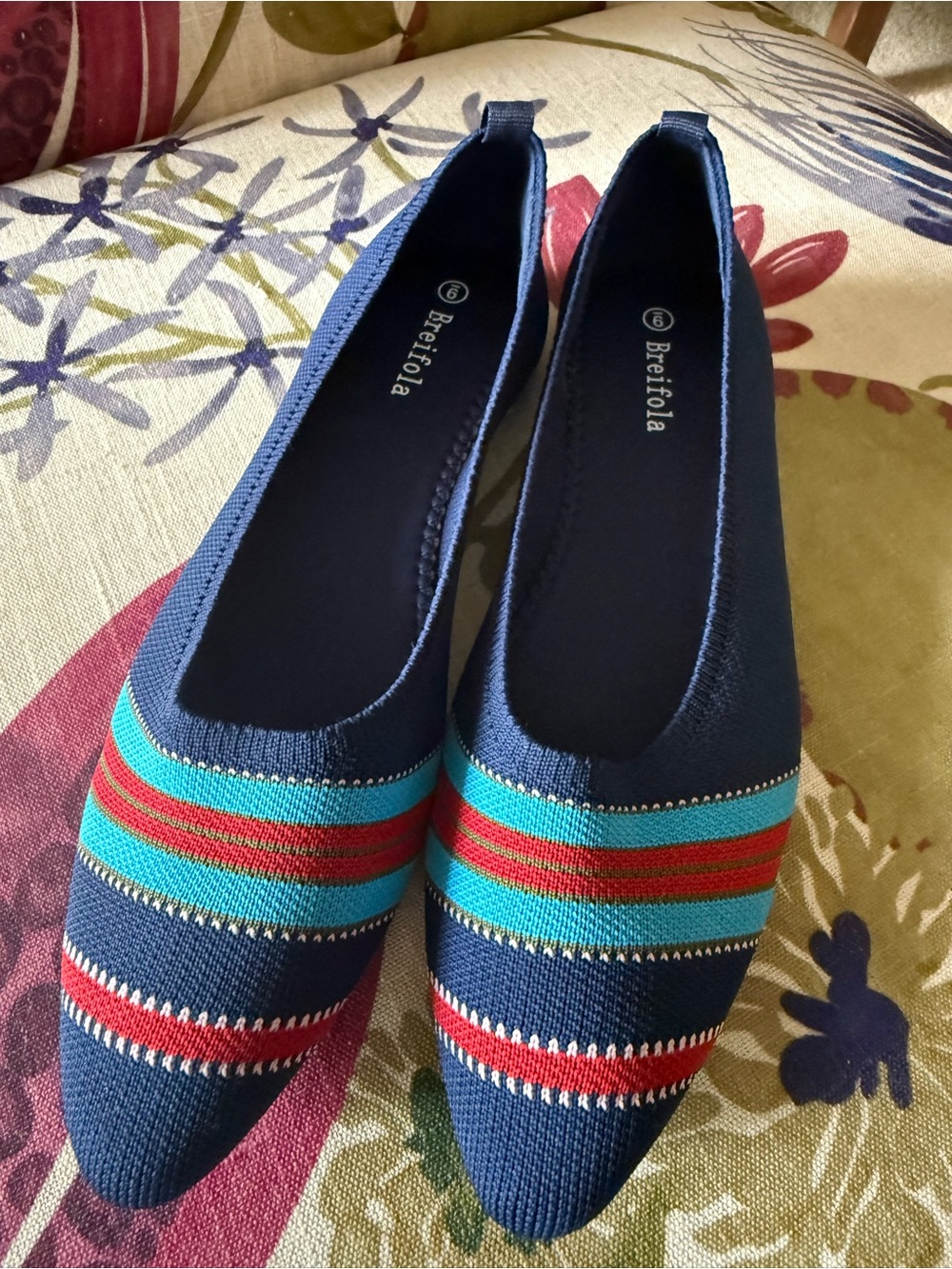 Navy Knit Pointed Slip-On Flats with Red & Teal Stripes